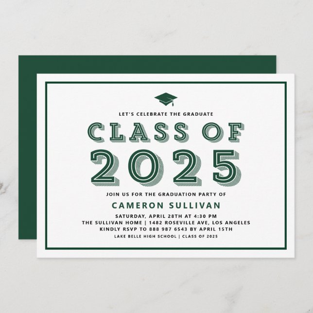 Green Class of 2025 Cap Retro Graduation Invitation (Front/Back)