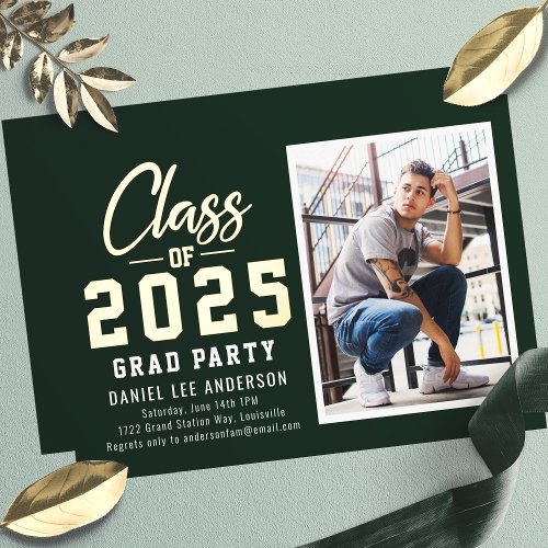 Green Class Of 2025 Photo Graduation Party Foil Invitation