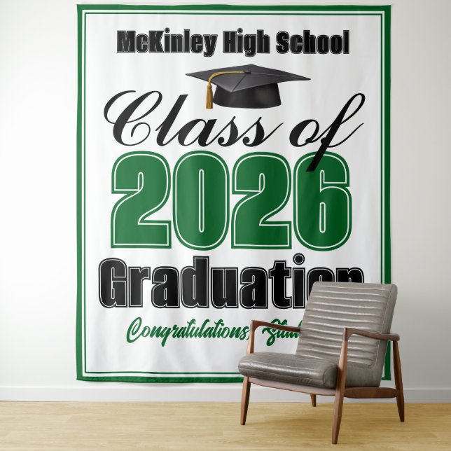 Green Class of 2026 Graduation Party Photo Booth Tapestry (In Situ)