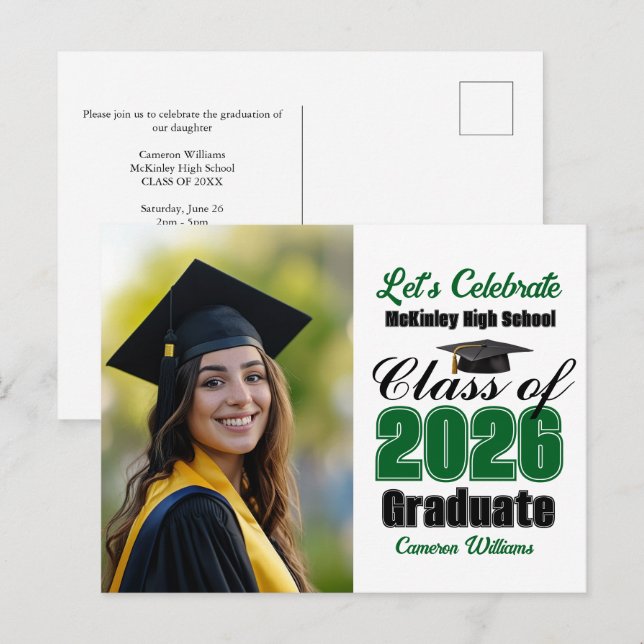 Green Class of 2026 Photo Graduation Party Invitation Postcard (Front/Back)