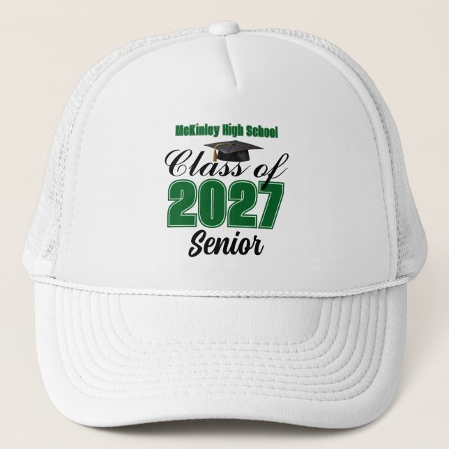 Green Class of 2027 Senior Custom High School Trucker Hat (Front)