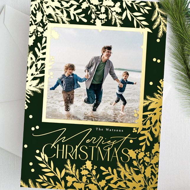 Green Classic Botanical Christmas One Photo Foil Holiday Card (Creator Uploaded)