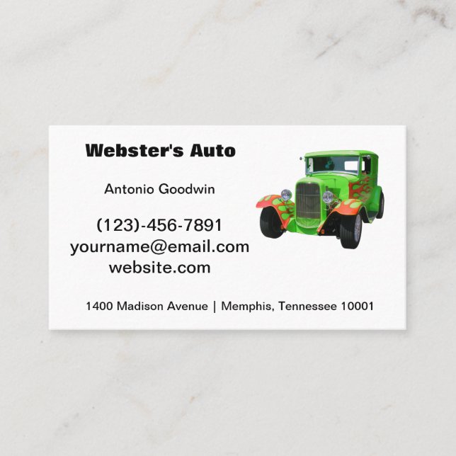 Green Classic Car With Flames Business Card (Front)