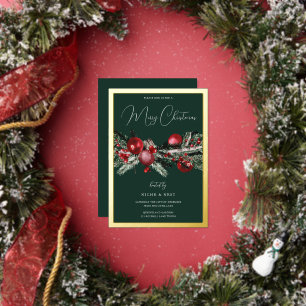 Green Classic Christmas Party Gold Border Foil Invitation