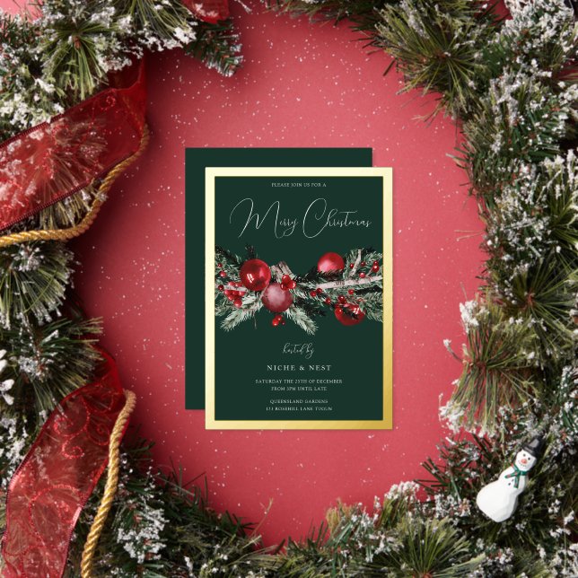 Green Classic Christmas Party Gold Border Foil Invitation (Insitu)