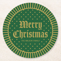 Green Classic Decorative Geometric Merry Christmas Round Paper Coaster