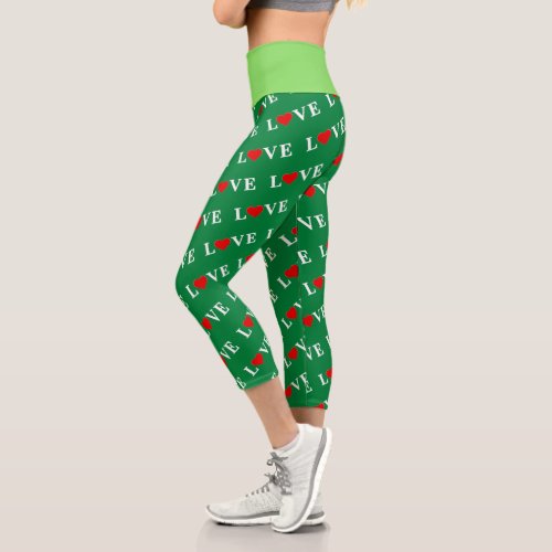 Green Classic Love Heart Elegant Forest Green Capri Leggings