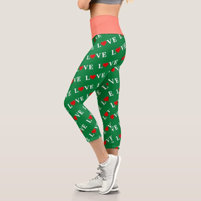 Green Classic Love Heart Elegant Forest Green Capri Leggings (Left)
