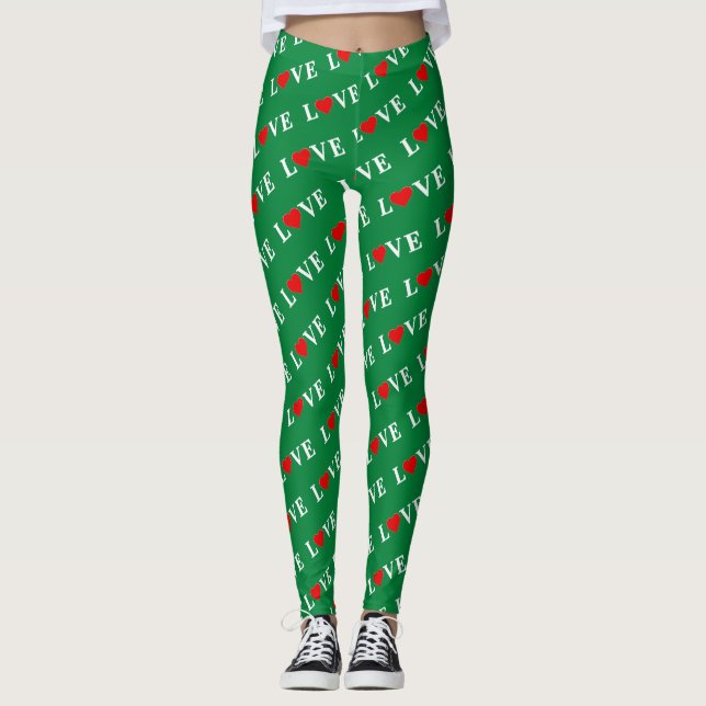Green Classic Love Heart Elegant Forest Green Leggings (Front)