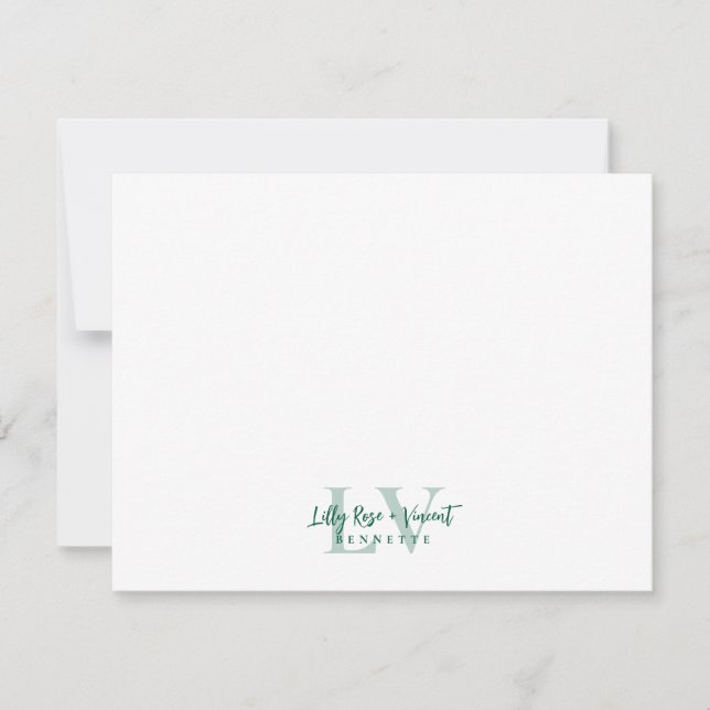 Green Classic Monogram Couple Custom Wedding Note Card (Front)