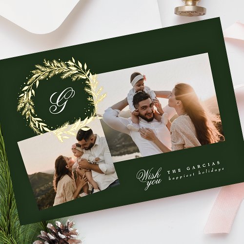 Green Classic Multi photo Gold Christmas wreath Foil Holiday Card