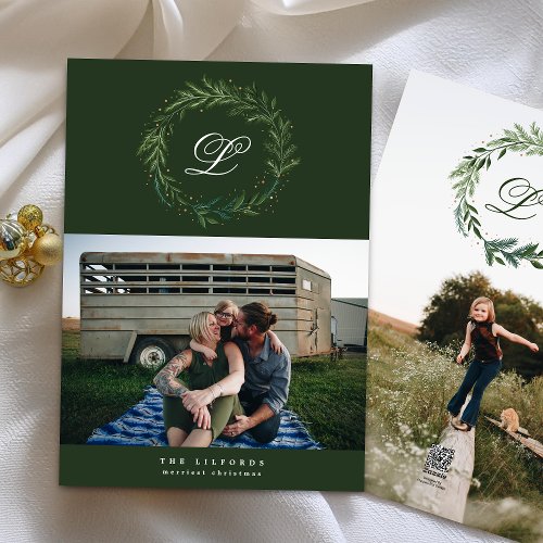 Green Classic Wreath Monogram Two Photo Holiday Card