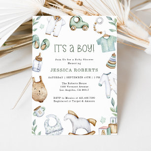 Green Clothes and Toys Baby Boy Shower Invitation
