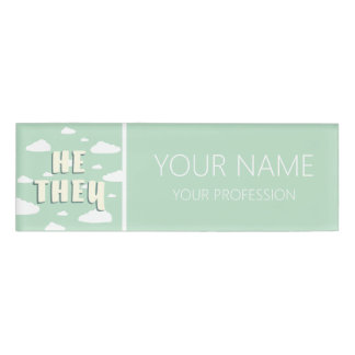 Green Clouds He They Pronouns Name Tag