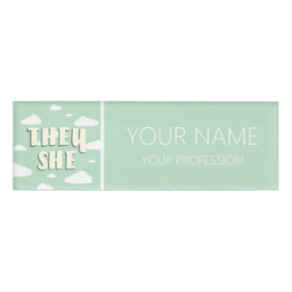 Green Clouds They She Pronouns Name Tag