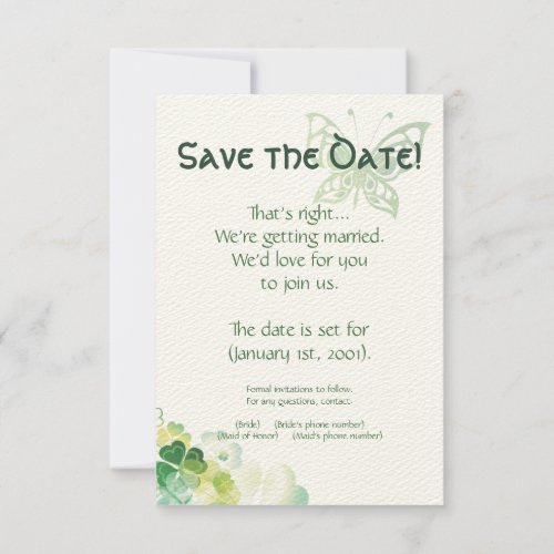 Green Clover and Butterfly Corners Save the Date Invitation