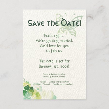 Green Clover And Butterfly Corners Save The Date Invitation