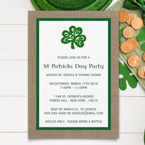 Green Clover  Burlap St Patricks Day Invitation
