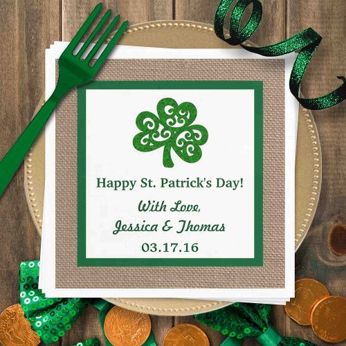 Green Clover  Burlap St Patricks Day Paper Napkins