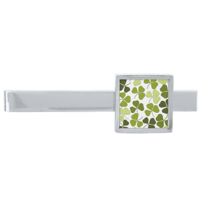 Green Clover in a Variety of Shades Silver Finish Tie Bar (Front)