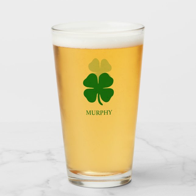 Green Clover Irish Personalized Name Beer Glass (Front Filled)