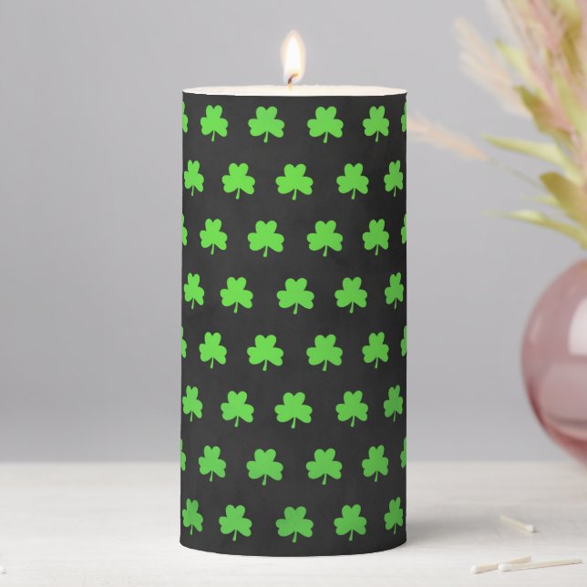 Green Clover Irish St. Patrick's Day Pattern Pillar Candle (In Situ)