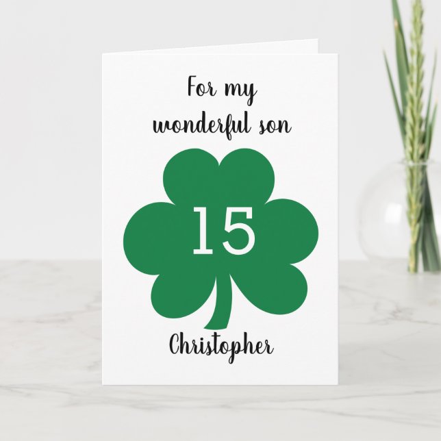 Green Clover Leaf St. Patrick's Day 15th Birthday Card (Front)