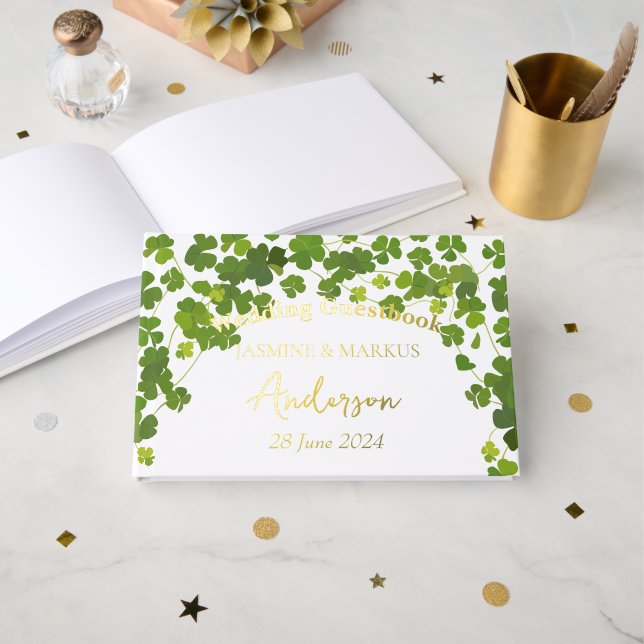 Green Clover Leaves Bouquet Wedding  Foil Guest Book (Front Open)