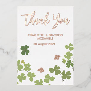 Green Clover Leaves. Wedding Thank You Gold  Foil Invitation
