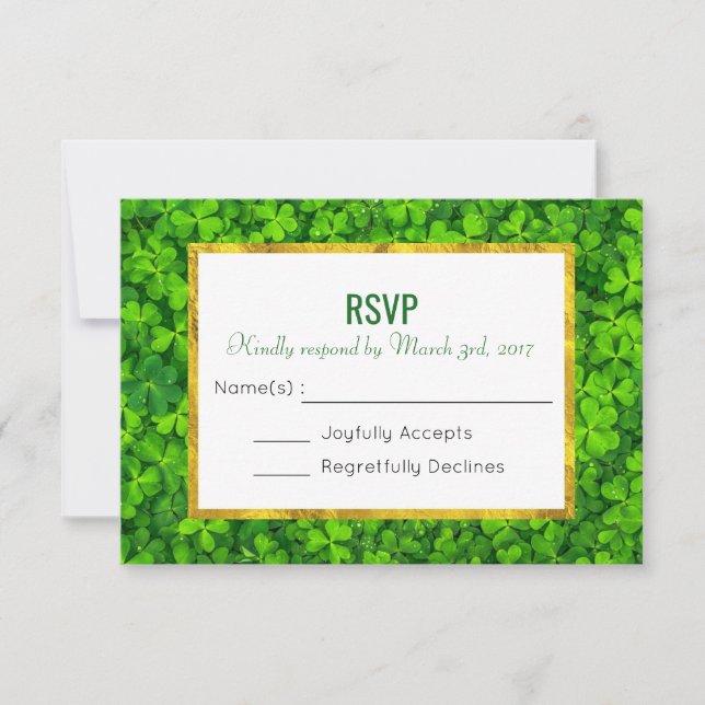 Green Clover Leaves with Faux Gold Foil RSVP Card (Front)