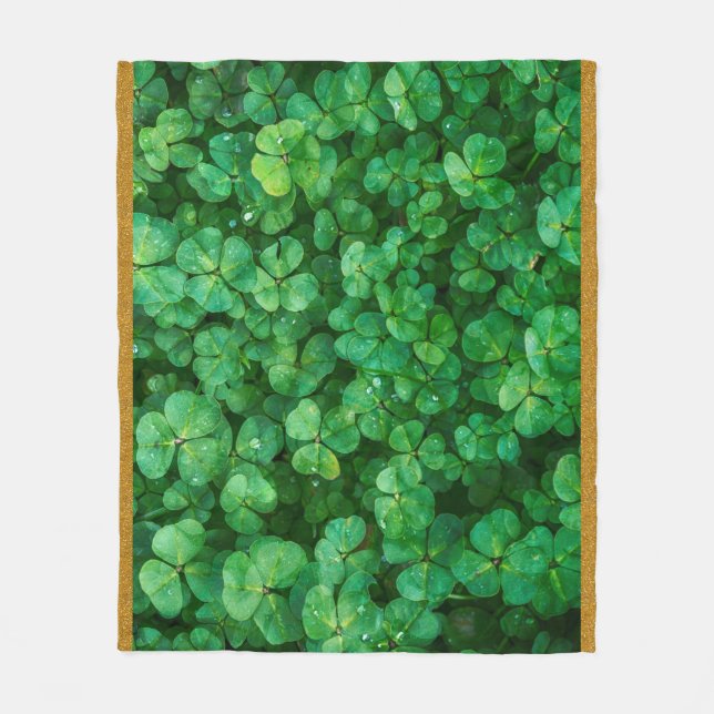 Green Clover Leaves with Water Drops Fleece Blanket (Front)