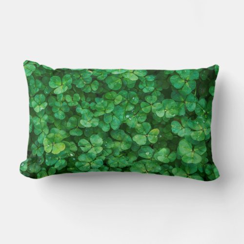 Green Clover Leaves with Water Drops Lumbar Pillow