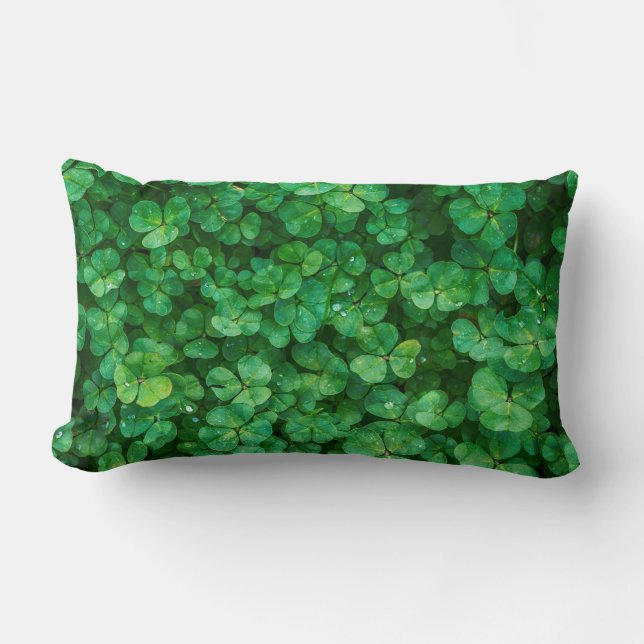 Green Clover Leaves with Water Drops Lumbar Pillow (Front)