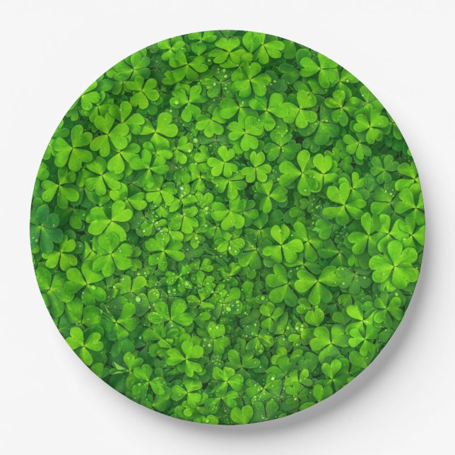 Green Clover Leaves with Water Drops Paper Plates (Front)