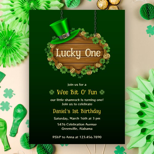 Green Clover Lucky One St Patricks 1st Birthday Invitation