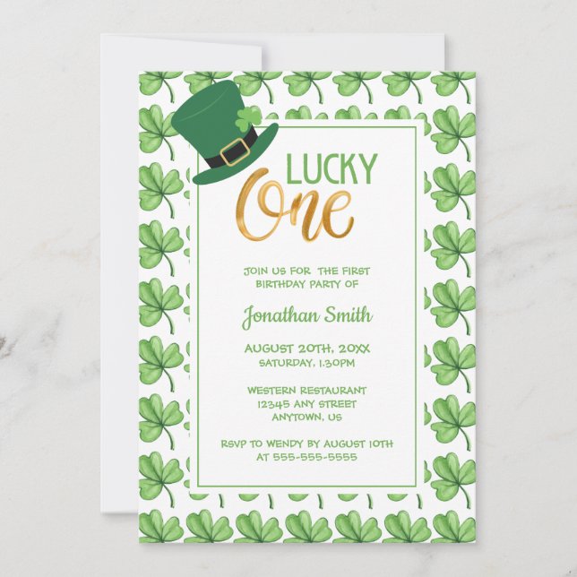 Green Clover Lucky One St Patrick's Kids Birthday Invitation (Front)