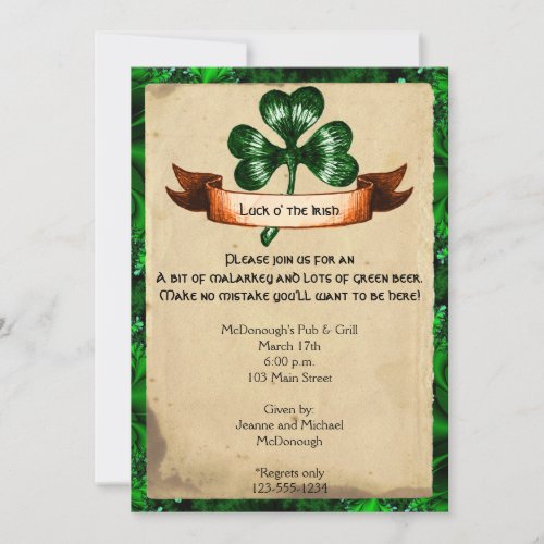 Green Clover Parchment St Particks Day Invitation