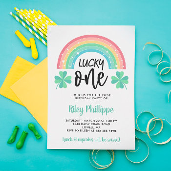 Green Clover & Rainbow Lucky One First Birthday Invitation by Paperpaperpaper at Zazzle