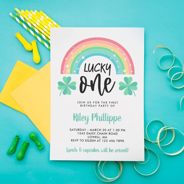Green Clover & Rainbow Lucky One First Birthday Invitation (Creator Uploaded)