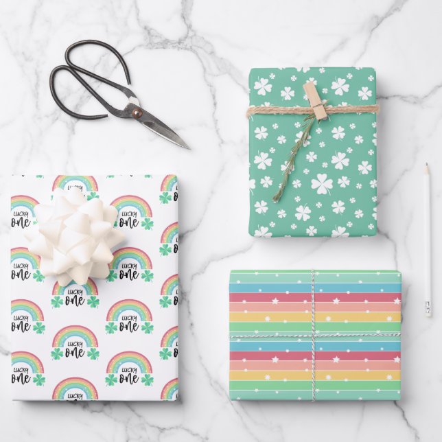 Green Clover & Rainbow Lucky One First Birthday Wrapping Paper Sheets (Front)