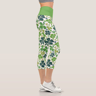 Green Clover Shamrock Pattern St. Patrick`s Day Capri Leggings