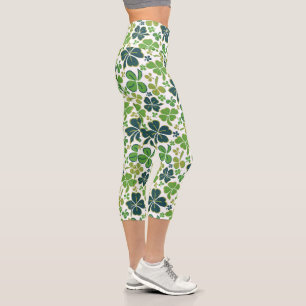 Green Clover Shamrock Pattern St. Patrick`s Day Capri Leggings