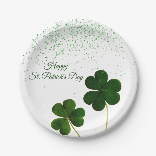 Green Clover Shamrock St. Patricks Day Paper Plates (Front)