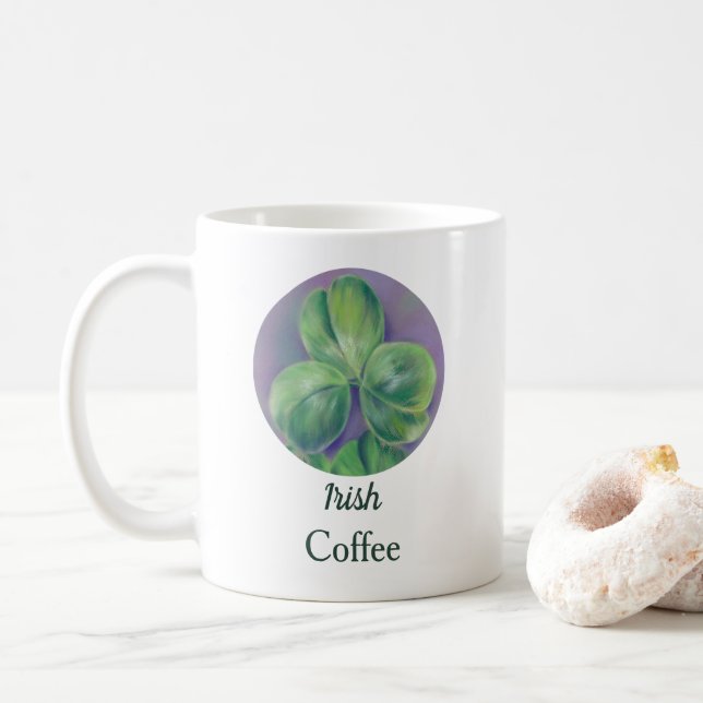 Green Clover Shamrocks on Purple Pastel Art Coffee Mug (With Donut)