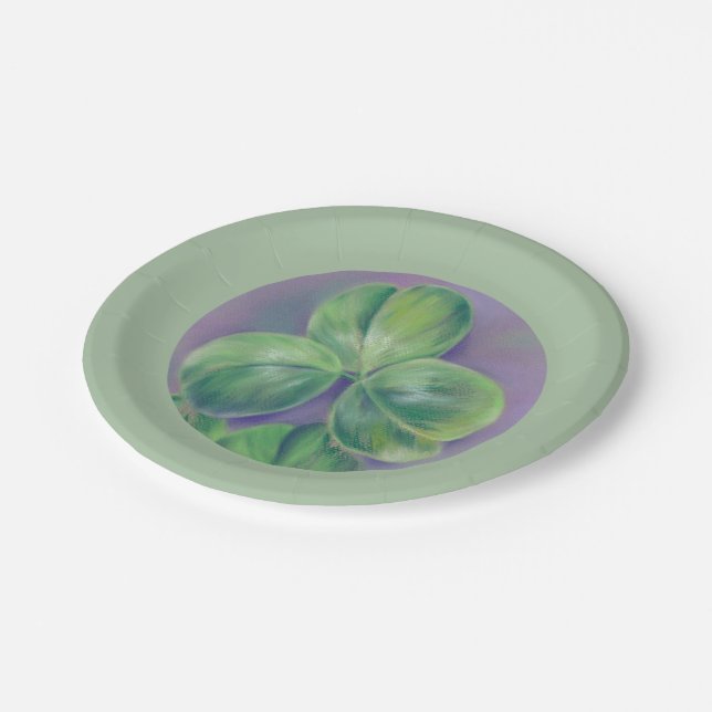 Green Clover Shamrocks on Purple Pastel Art Paper Plates (Angled)