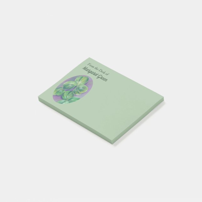 Green Clover Shamrocks on Purple Pastel Art Post-it Notes (Angled)
