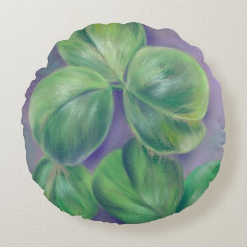 Green Clover Shamrocks on Purple Pastel Art Round Pillow