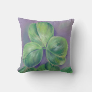 Green Clover Shamrocks on Purple Pastel Art Throw Pillow
