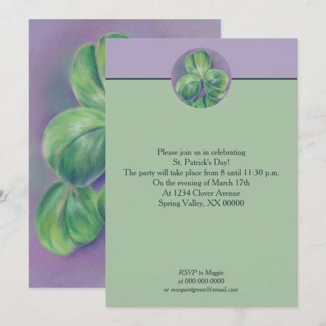 Green Clover Shamrocks on Purple St. Patrick's Day Invitation (Front/Back)