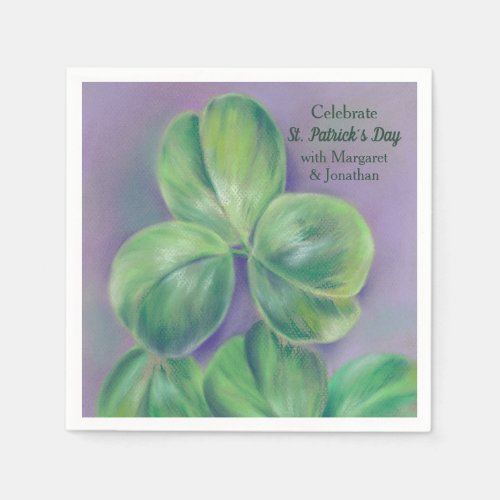 Green Clover Shamrocks on Purple St Patricks Day Napkins